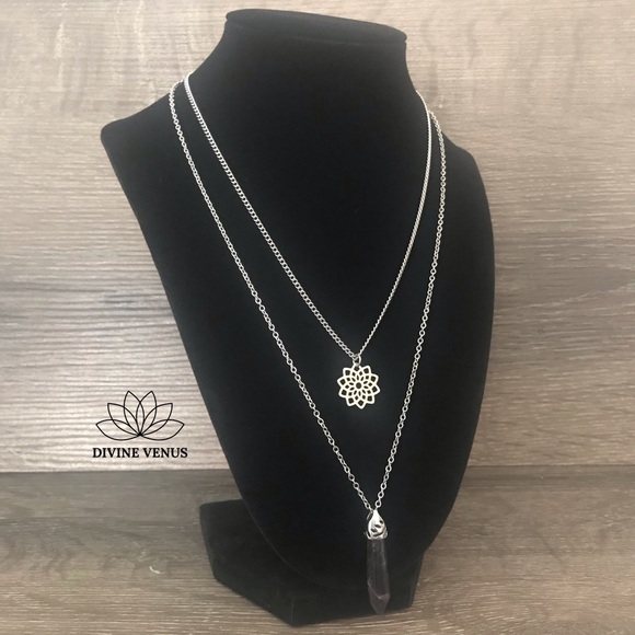 Amethyst Lotus Stainless Steel Layered Necklace - Picture 6 of 8